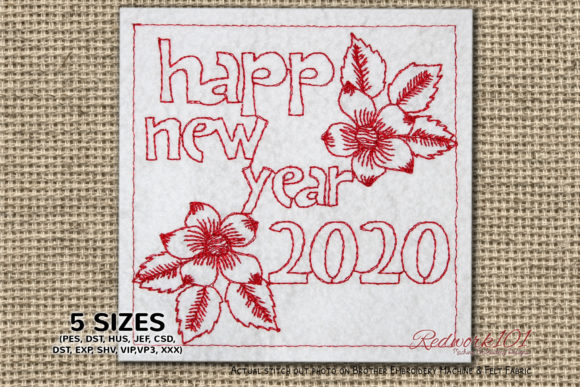 Happy New Year Floral Design Redwork